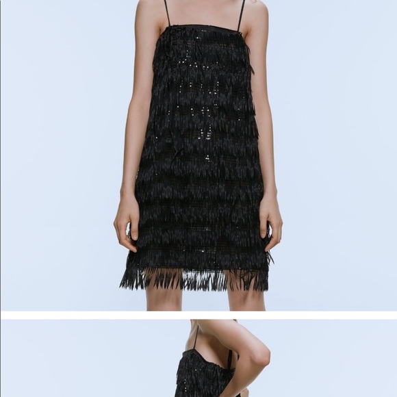 NWT ZARA Black SEQUINNED FRINGED DRESS Mini Adjustable Straps Size M 2853 - Picture 3 of 5